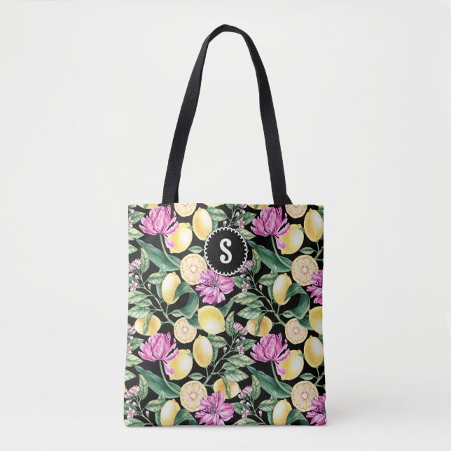 Zitronen und Tulpen Blumenmuster | Zitrus Monogram (Vorderseite)