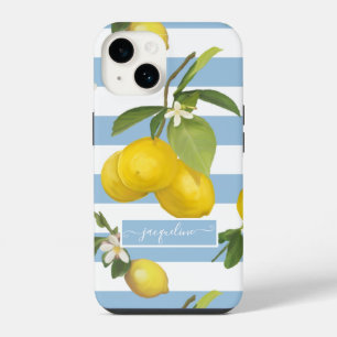 Zitronen-Zitrus-Blumen-Grün Blau Weiß Gestreift iPhone 14 Hülle