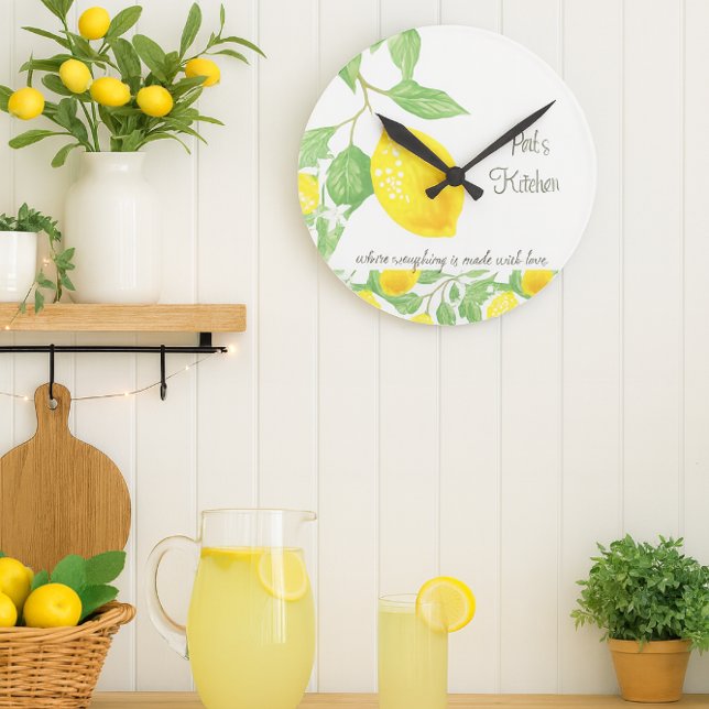Zitronen-Zitrus individuelle Küchenwanduhr Runde Wanduhr (Personalize this cheerful lemon citrus wall clock with a name. It makes an excellent gift )