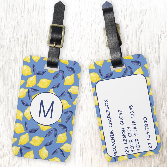 Zitronen-Zitrus-Mittelmeer-Monogramm Gepäckanhänger (Blue and yellow personalized monogram initial Mediterranean citrus lemon fruit luggage tag)