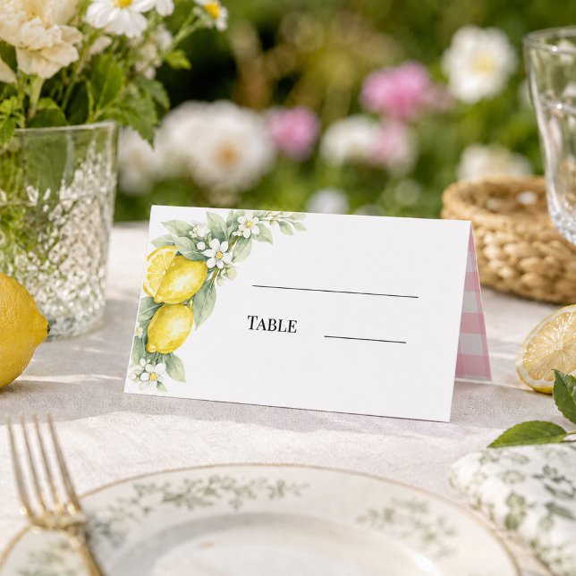 Zitronen Zitrus rosa Gingham Platzkarte (Von Creator hochgeladen)