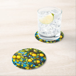 Zitronenbaum, gläsernes Muster, mediterran Runder Pappuntersetzer