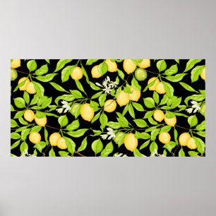 Zitronenbaumzweig mit Zitronen, Blume und Blätter. Poster