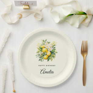 Zitronenbouquet mit weißen Blüten Geburtstag Pappteller