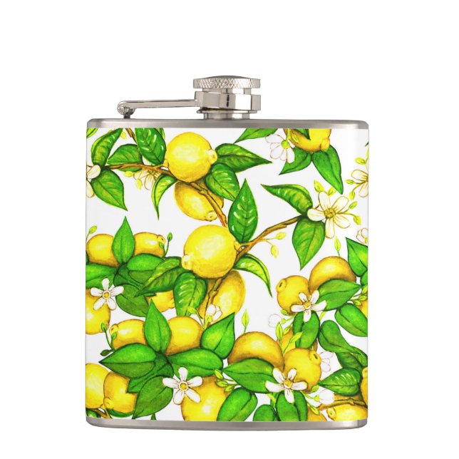 Zitronendruck auf weißer Flasche Flachmann (Vorderseite)