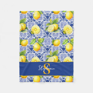 Zitronenfliese Blau Weiß Muster Name Monogramm Zit Fleecedecke
