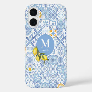 Zitronenfrucht-Monogramm, blaue Fliese iPhone 16 Hülle