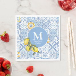 Zitronenfruchtmonogramm, blaue Kachel Serviette