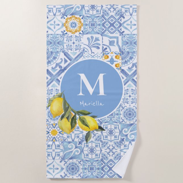 Zitronenfruchtmonogramm, blaue Kachel Strandtuch (Vorderseite)