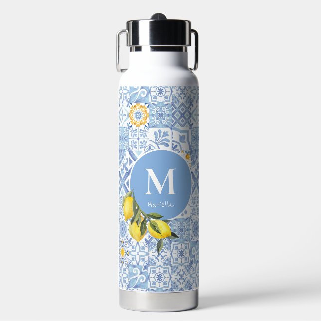 Zitronenfruchtmonogramm, blaue Kachel Trinkflasche (Vorderseite)