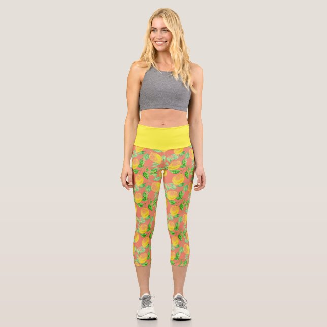 Zitronenfruchtmuster gelb und pfirsichrosa capri leggings (Vorderseite)