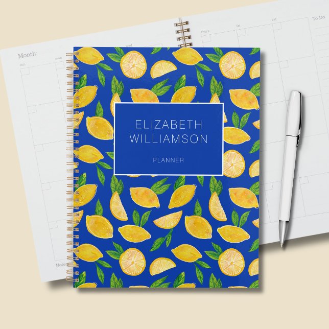 Zitronenfruchtmuster Planer (Citrus lemon personalized blue planner)