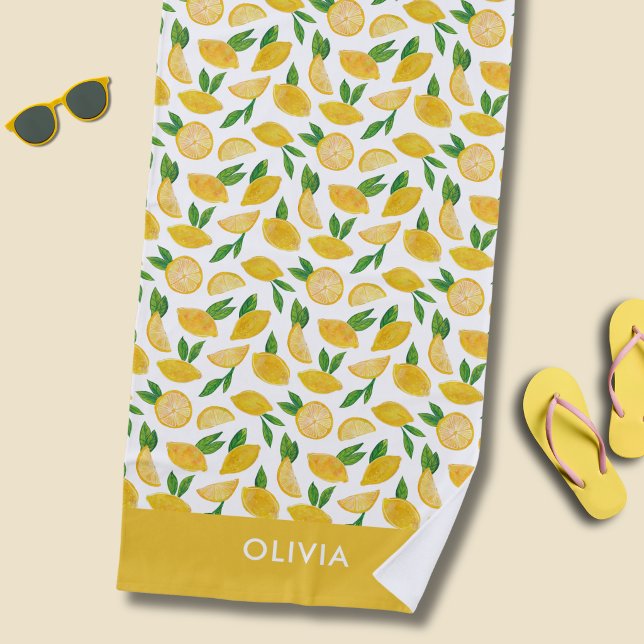 Zitronenfruchtmuster Strandtuch (Lemon beach towel with personalized name or choice of text)