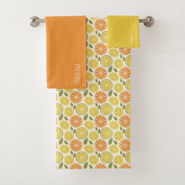 Zitronengelb orange  Muster weiß Name Badhandtuch Set (Insitu)