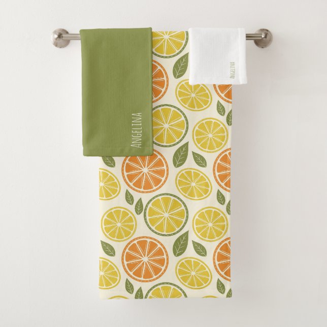 Zitronengelb orange Muster weißer Name Badhandtuch Set (Insitu)