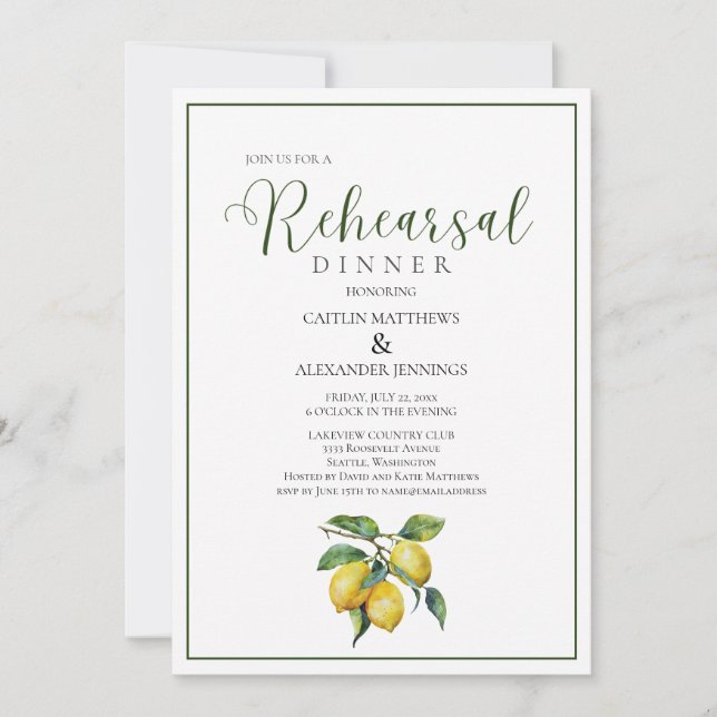 Zitronengelbe Florale Hochzeitsprobe-Dinner  Einladung (Vorderseite)