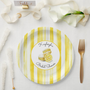 Zitronengelbe Streifen Macarons Brautparty Pappteller