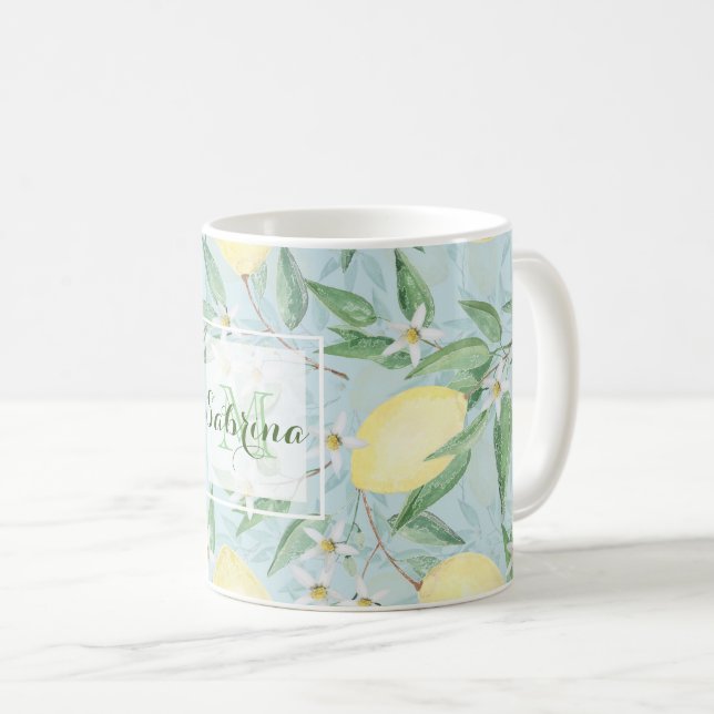 Zitronengelbe Zitrusfrüchte Kaffeetasse (VorderseiteRechts)