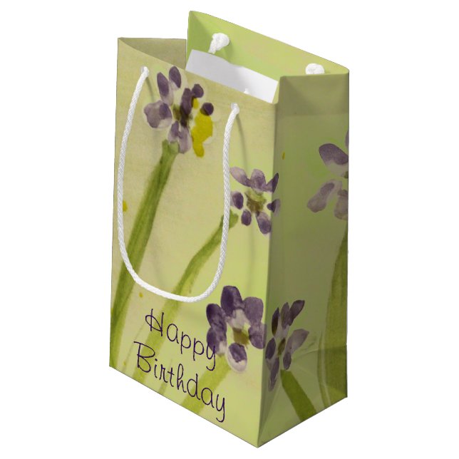 Zitronengrün und lila Blumen Kleine Geschenktüte (Rückseite Schrägansicht)