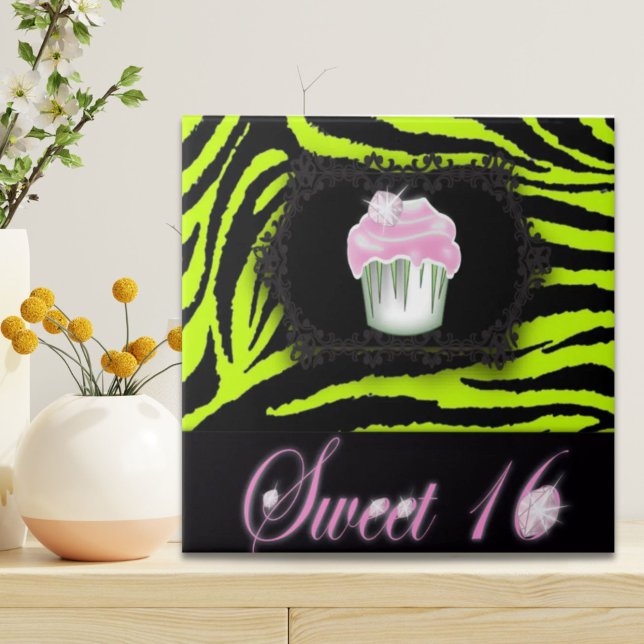 Zitronengrün Zebraprint Rosa Cupcake 16 . Geburtst Fliese (Lime green zebra print Pink Cupcake Sweet Sixteen Tile)