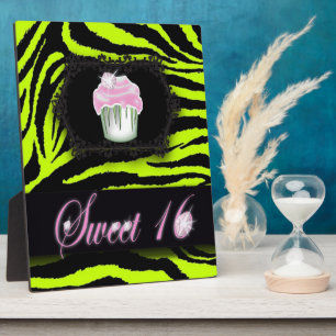 Zitronengrün Zebraprint Rosa Cupcake 16 . Geburtst Fotoplatte