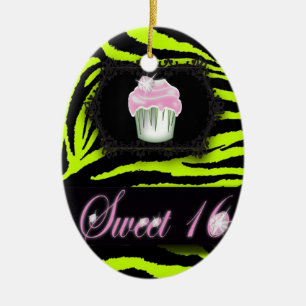 Zitronengrün Zebraprint Rosa Cupcake 16 . Geburtst Keramikornament