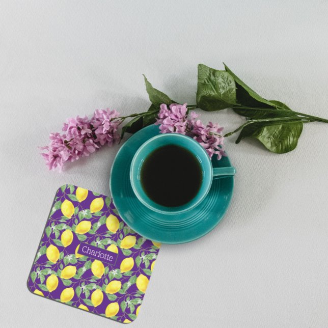 Zitronenmuster individuelle Name gelb lila Rechteckiger Pappuntersetzer (Von Creator hochgeladen)