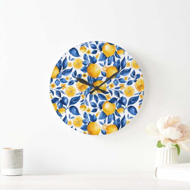 Zitronenmuster Tropische Frucht Personalisierter N Große Wanduhr (Zuhause)