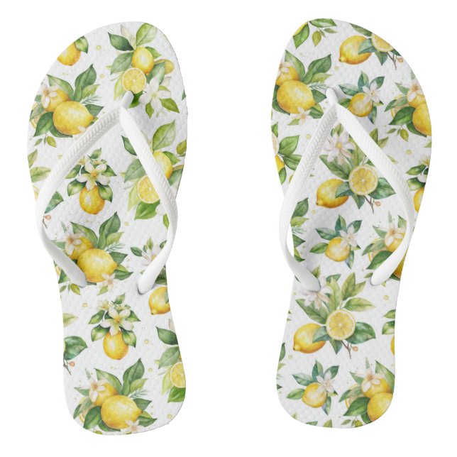 Zitronenmuster, Zitronen-Blume, Blätter, Zitrusfrü Flip Flops (Fußbett)