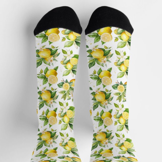 Zitronenmuster, Zitronen-Blume, Blätter, Zitrusfrü Socken (Oben)
