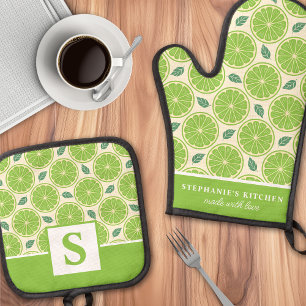 Zitronenscheiben Zitrus Niedlich Sommer Monogramm Ofenhandschuh & Topflappen-Set