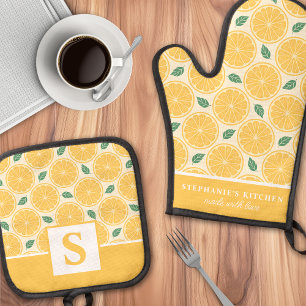 Zitronenscheiben Zitrus Süß Sommer Monogramm Ofenhandschuh & Topflappen-Set