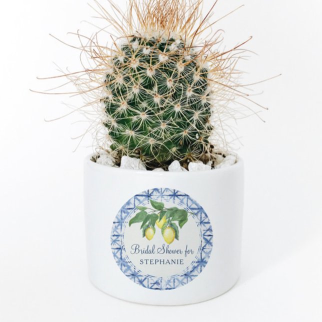 Zitronenzitrus w Leaf Foliage Blue n White Pattern Runder Aufkleber (Von Creator hochgeladen)