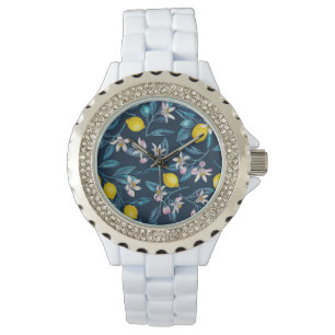 Zitronenzweige mit Blüten und blauen Früchten Armbanduhr