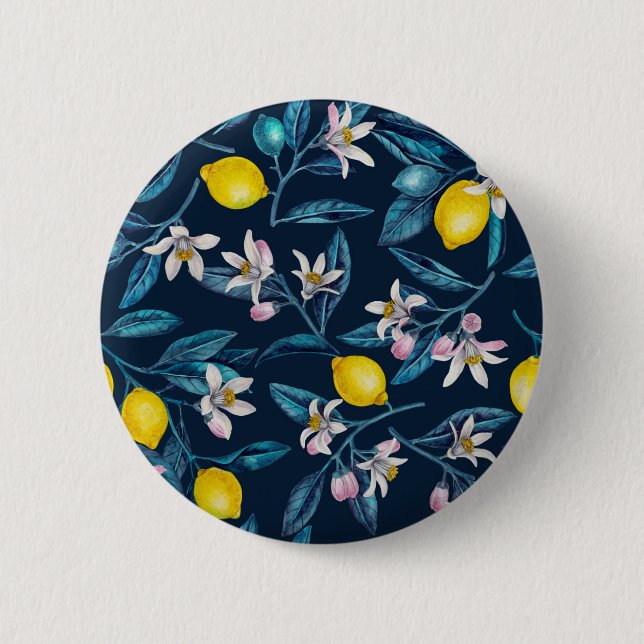 Zitronenzweige mit Blüten und blauen Früchten Button (Vorderseite)