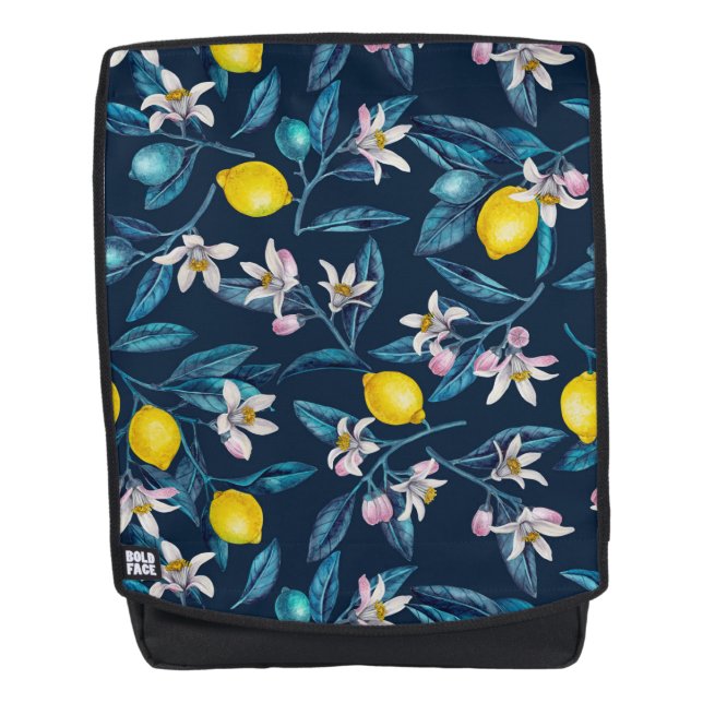 Zitronenzweige mit Blüten und blauen Früchten Rucksack (Vorderseite)
