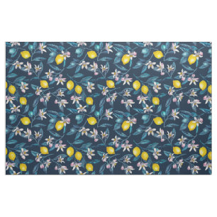 Zitronenzweige mit Blüten und blauen Früchten Stoff