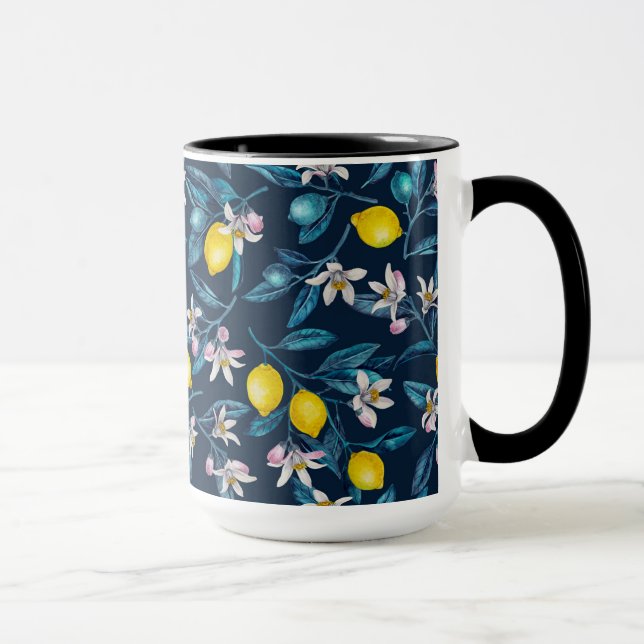 Zitronenzweige mit Blüten und blauen Früchten Tasse (Rechts)