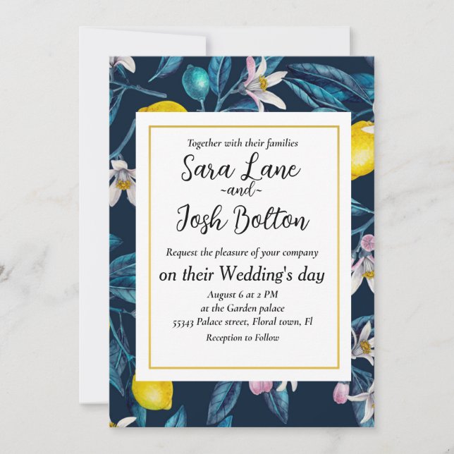 Zitronenzweige mit Blüten und Fruchteinladung Einladung (Vorderseite)