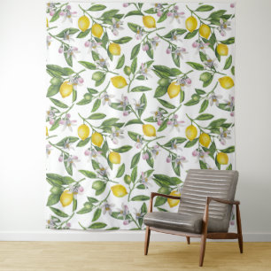 Zitronenzweige mit Blüten und weißen Früchten Wandteppich