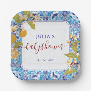 Zitrus Blau Gelbe Zitrone Amalfi-Küste Baby Shower Pappteller