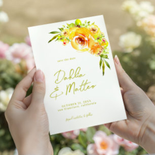 Zitrus Gelb und Grün Aquarell Blumige Hochzeit Save The Date