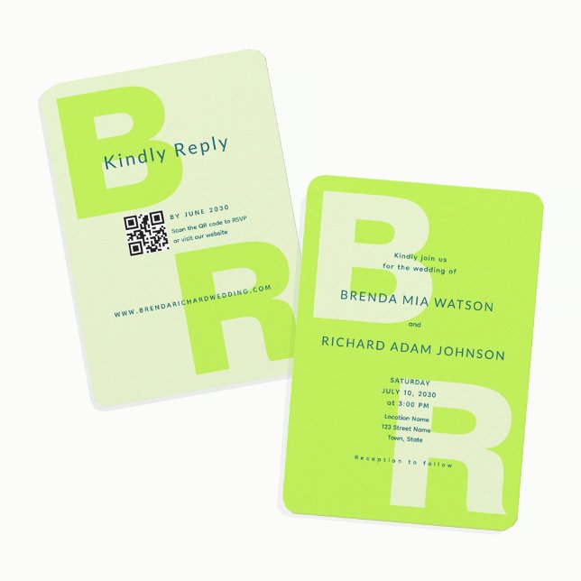 Zitrus Grün Bold Initial QR Hochzeit Einladung (Von Creator hochgeladen)
