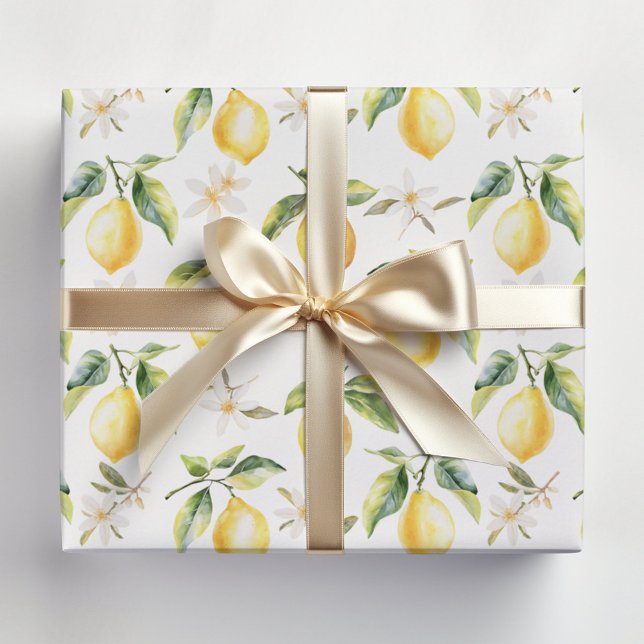 Zitrus Lemon Frucht florales botanisches Muster Geschenkpapier Set (In situ)
