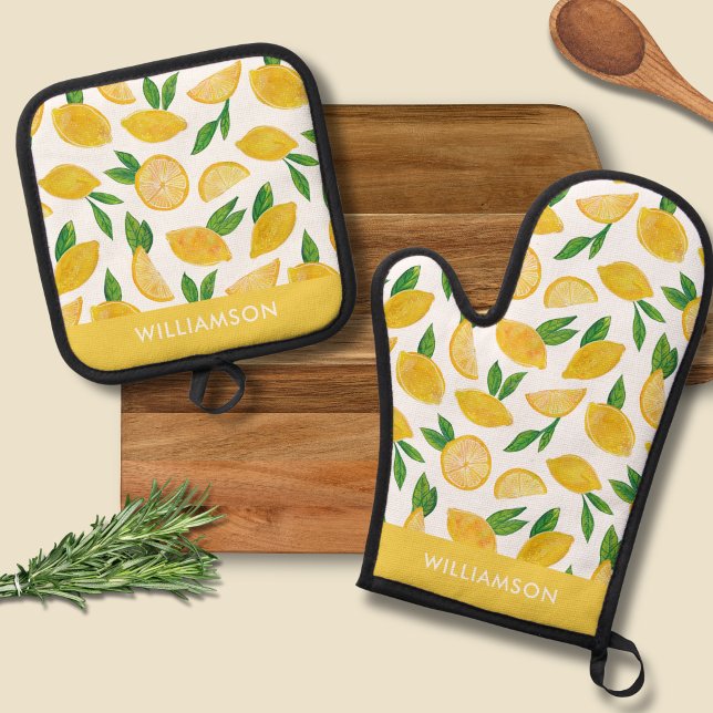 Zitrus-Lemon-Muster Ofenhandschuh & Topflappen-Set (Lemon pattern oven gloves - personalize with your own name or choice of text)