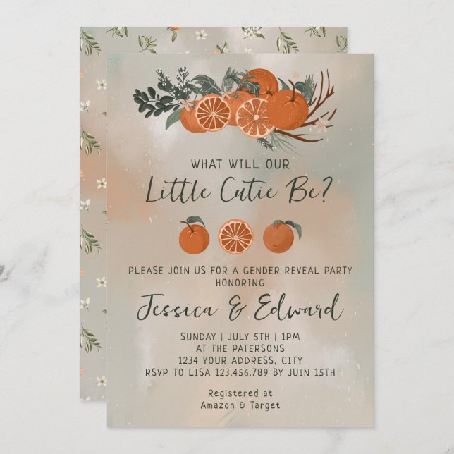 Zitrus Orange Green Little Süsse Gender Reveal Einladung (Vorne/Hinten)