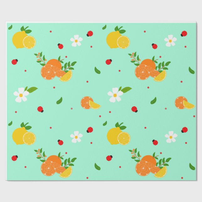Zitrus- und Marienkäfer-Botanikmuster mit Blumen  Geschenkpapier (Flach)