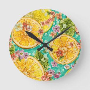 Zitrusblüte Zitrone & Wildblumen Aquarell Runde Wanduhr