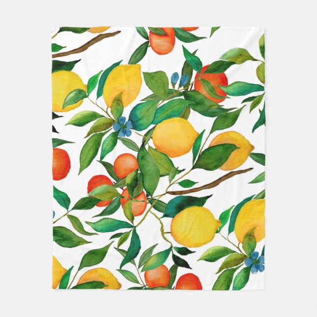 Zitrusfrüchte, lebendiges Aquarellmuster. Fleecedecke (Vorderseite)