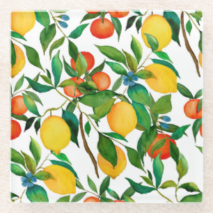Zitrusfrüchte, lebendiges Aquarellmuster. Glasuntersetzer